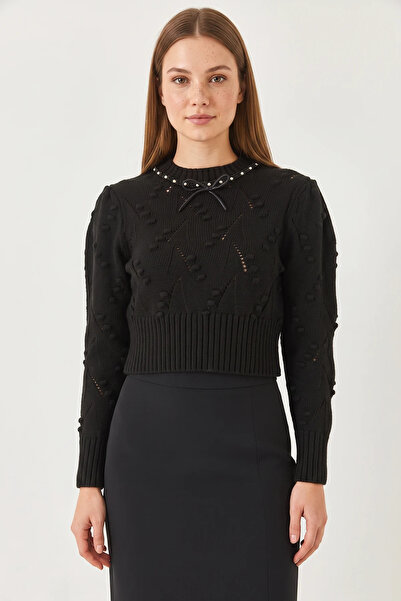 Efnaz style Women's Beaded Collar Bowknot Knitwear Black Sweater
