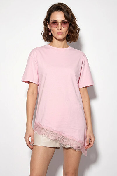 Generic Brand Women's Lace Detailed Asymmetrical Cut Short Sleeve t Shirt Pink