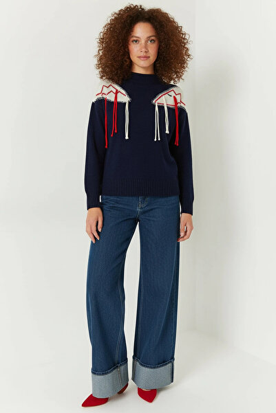 Generic Brand Women's Fringed Knitwear Navy Blue Sweater