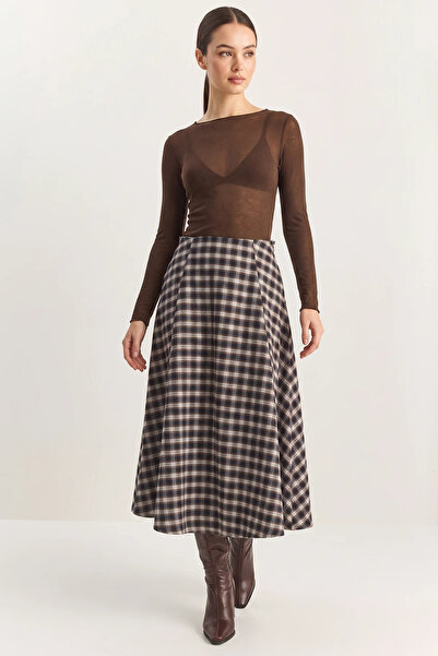 Efnaz style Women's Plaid Patterned A-Line Long Navy Blue Ecru Skirt with Poc...