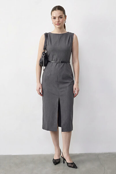 Generic Brand Women's Boat Neck Belted Front Slit Detailed Midi Pencil Gray D...