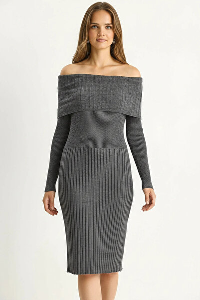 Efnaz style Women's Ribbed Madonna Collar Knitwear Gray Melange Dress