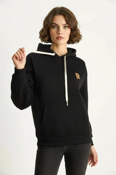 Generic Brand Women's Embroidered Kangaroo Pocket Hooded Loose Black Sweatshirt