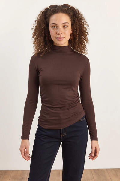 Şeker Portakalım Women's Half Turtleneck Gathered Basic Bitter Brown Blouse