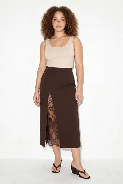 Efnaz style Women's Lace Detailed Slit Pencil Skirt De Bitter Brown