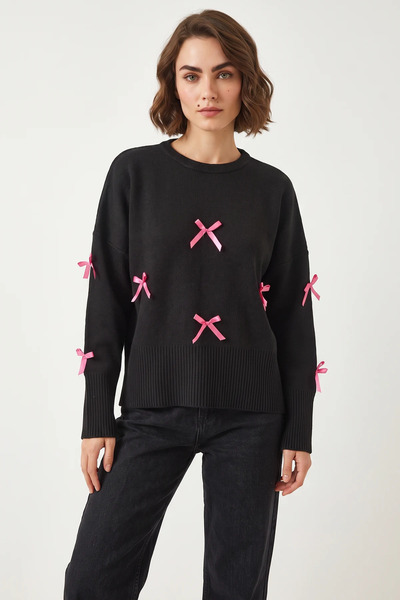 Efnaz style Women's Bow Detailed Knitwear Black Sweater