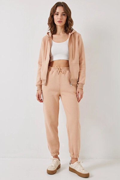 Generic Brand Women's Kangaroo Pocket Hooded Beige Cardigan Top and Bottom Set