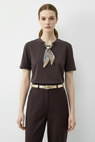 Şeker Portakalım Women's Basic T-Shirt with Buckle Scarf Detail Cocoa