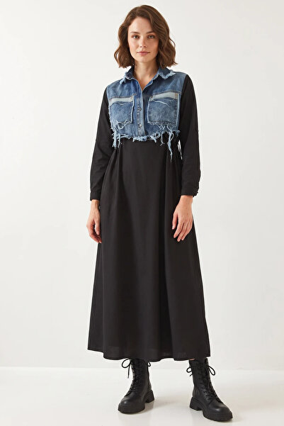 Efnaz style Women's Denim Garnished Long Flared Black Dress