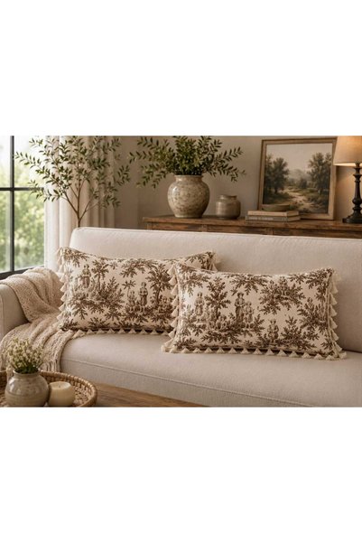 linea natura home Duck Fabric French Peasants Patterned Decorative Tufted Throw Pillow Cover - Dowry Set of 2