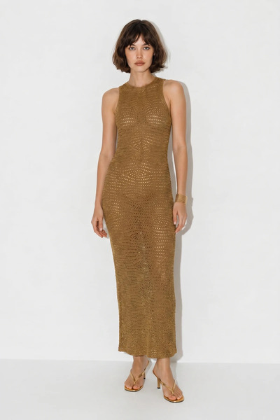 Efnaz style Women's Openwork Knitted Crew Neck Fitted Maxi Beach Dress Khaki