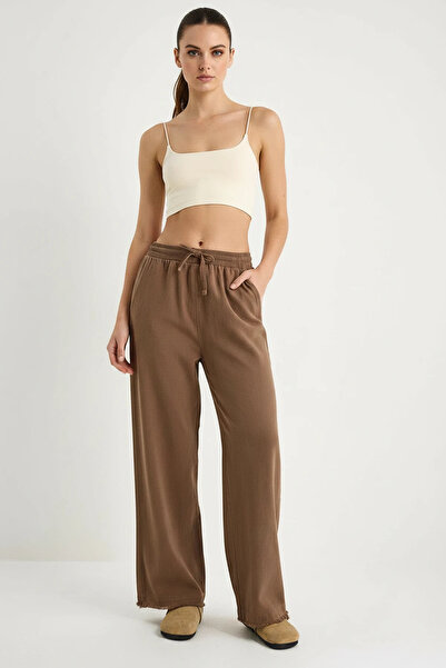 Efnaz style Women's Elastic Waist, Detailed Cuffs, Palazzo Style, Cotton, Bro...
