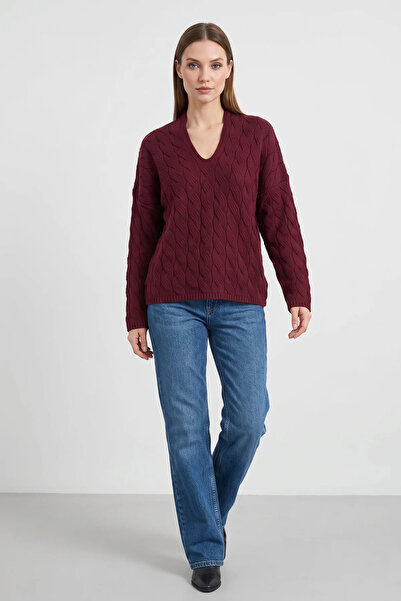 Şeker Portakalım Women's Oval Collar Hair Knit Oversize Knitwear Burgundy Swe...