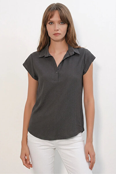 Efnaz style Women's Polo Collar Anthracite Blouse