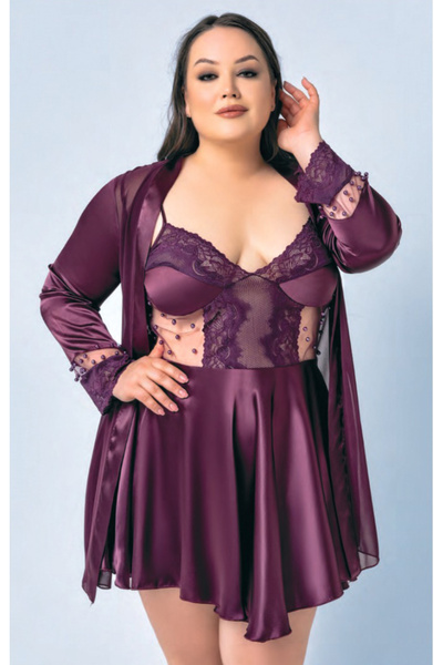 Viselya Plus Size Satin Nightgown Dressing Gown Set