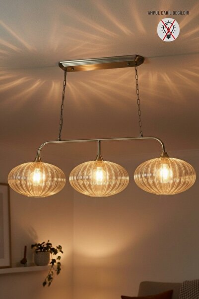 Bamyum Elegant Bal Cam Brillar Üçlü Eskitme Metal Rustik E27 Salon Yemek Masa...