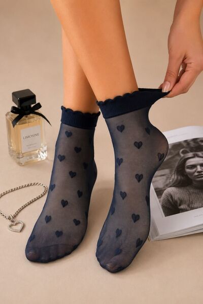 BELLA NOTTE Women's Navy Blue Heart Patterned Ruffled Thin Transparent Socks