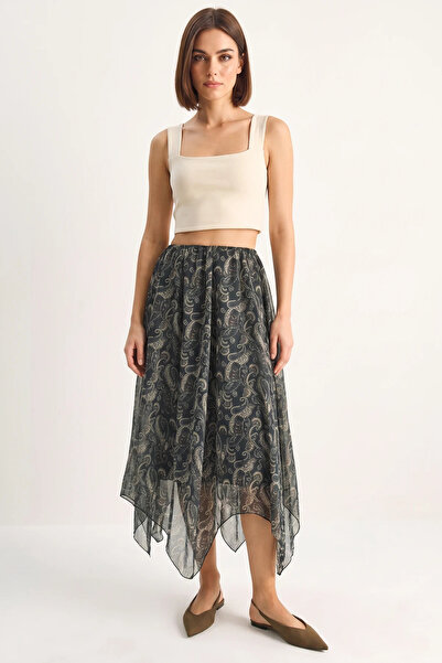 Generic Brand Women's Patterned Asymmetrical Cut Lined Chiffon Midi Petrol Gr...