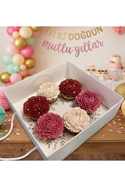 EgeConcept ERGUVAN ÇELENK DESENLİ 6 LI CUPCAKE KUTUSU 25x25x10