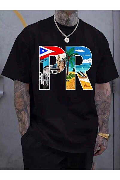 kai22 Puerto Rico Letter Illustration T-Shirt - Casual Short-Sleeve Crew Neck...