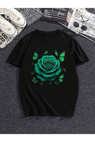 kai22 Women's Casual T-Shirt With Fashionable Butterfly Rose Pattern Print - ...