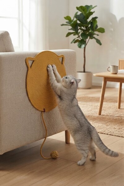 Reyo Pet Handmade Cat Scratching Mat with Toys, 100% Cotton Rope, Yellow
