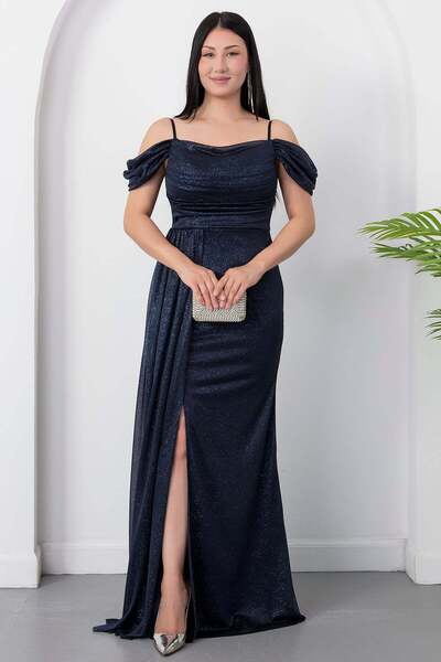 PULLIMM Low Sleeve Long Glitter Tulle Evening Dress 39433