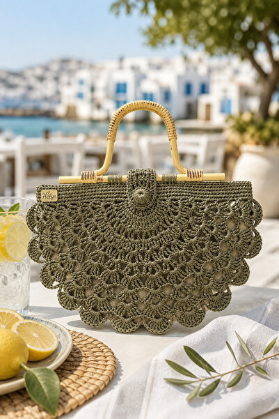 Helybag Kadın Yeşil Kağıt İp Yelpaze El Çantası Bambu Saplı Örgü Keçe Astarlı...