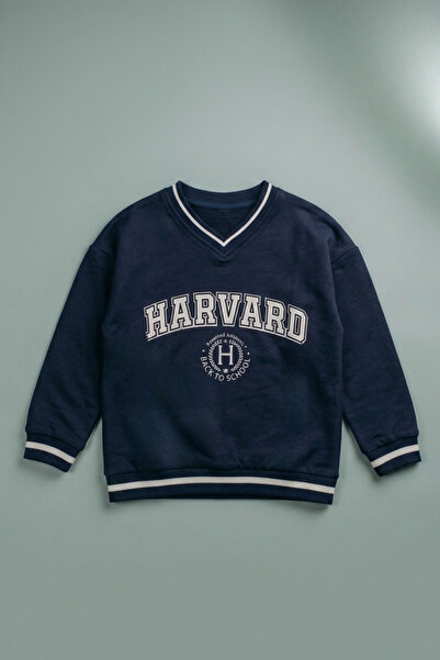 zumino Unisex Kids' V-Neck College Printed Sweatshirt with Stripe Detail