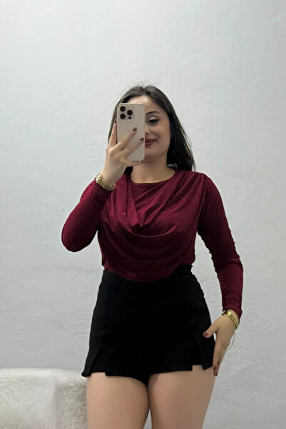 BELENDİR Women's Degaje Collar Long Sleeve Sandy Blouse Burgundy