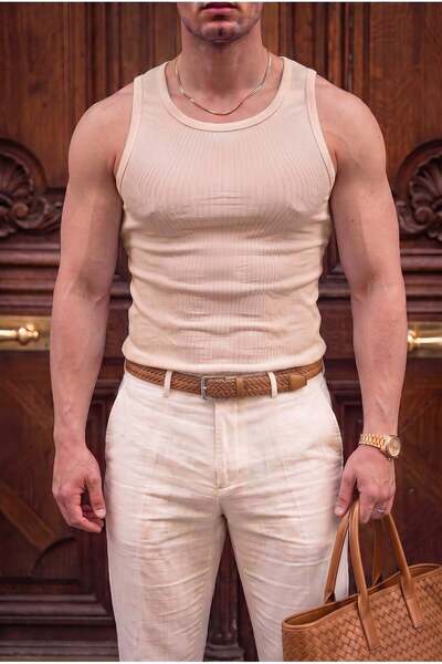 Teenage Millionaire Men's Cream Colored Halter Neck Ribbed Lycra Undershirt