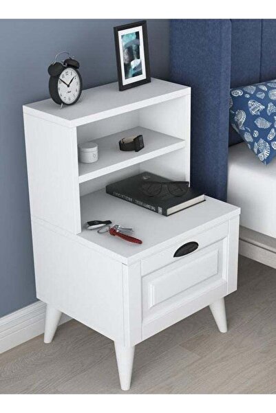 Home Canvas Bedside Table Night Stand with 2 Shelves and Membrane Drawer, White