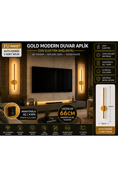 kialed Gold Modern Duvar Aplik 2’li Set 66 cm 3200K Gün Işığı 220V Metal Gövd...