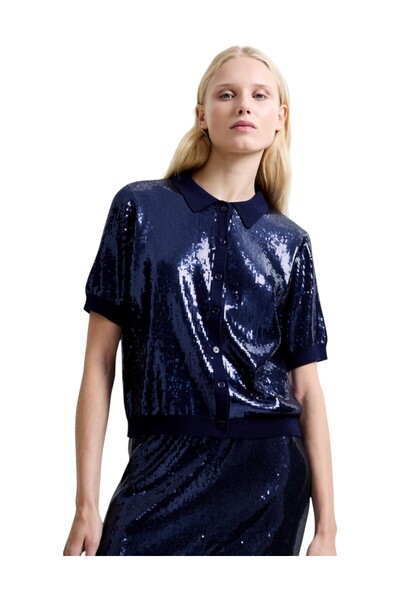 French Connection Women Hannah Sequin Short Sleeve Button Throug