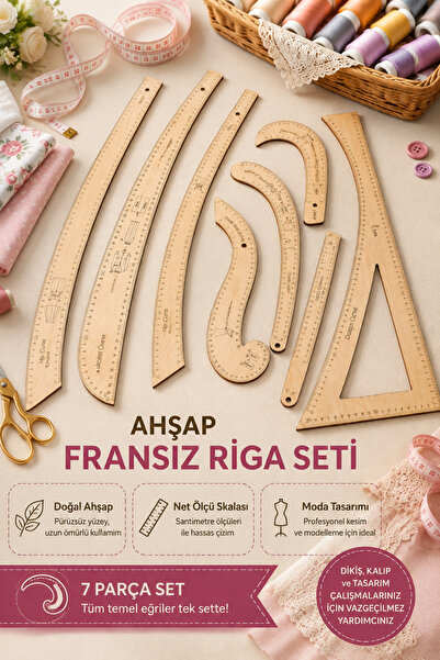 LİVA CRAFT Art & Craft Ahşap Fransız Dikiş Cetvel Seti 7 Adet, Ahşap Riga Set...