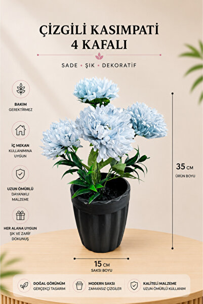 Yapay Çizgili Kasımpatı 4 Kafalı Saksı Çiçeği 35 cm – Dekoratif Yapay Bitki