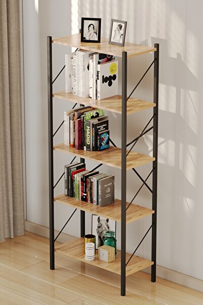 Veloora Metal Kitaplık 5 Raflı Ofis Kitaplığı Kitap Dosya Rafı Çam