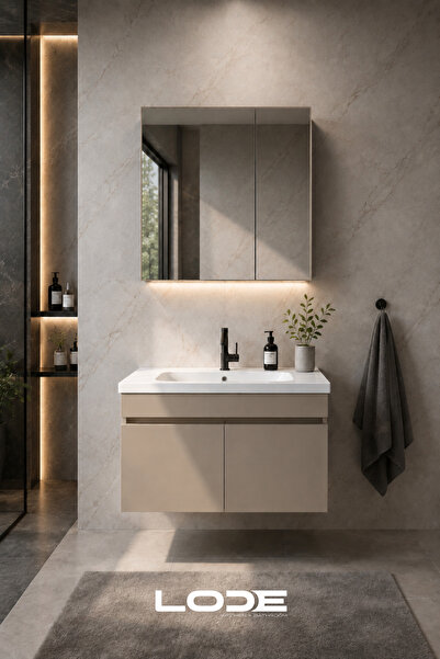 LODE Bath KALE Serisi Banyo Dolabı Seti Kumtaşı | Banyo Alt Dolap - Aynalı Üs...