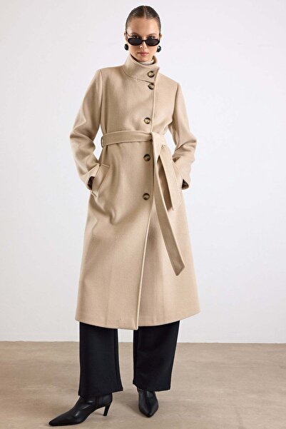 Olcay High Collar Double Breasted Long Coat Beige 3176