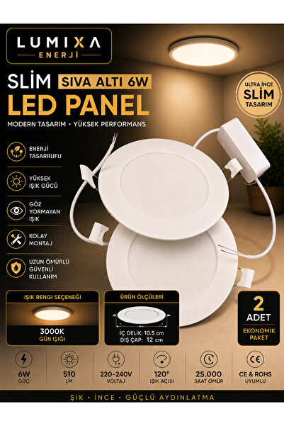 LUMIXA ENERJİ 6W SLİM LED SPOT PANEL YUVARLAK 3,5" 6500K (Delik:10,5cm Dış:12...