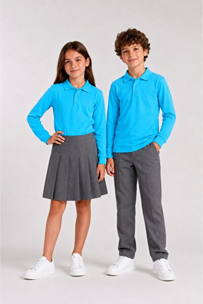 The Clover Girls & Boys Unisex Turquoise 100% Cotton Polo Collar Long Sleeve ...
