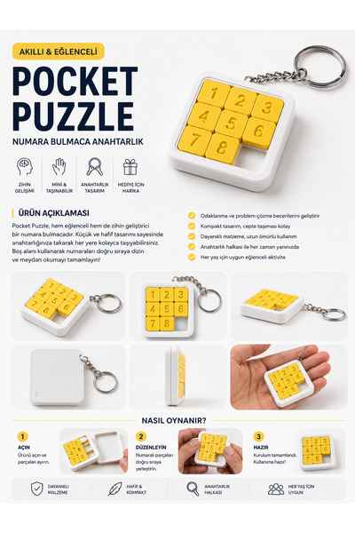 Pocket Puzzle Mini Sayı Bulmacası Anahtarlık – 3x3 Kaydırmalı Zeka Oyunu Sarı Beyaz