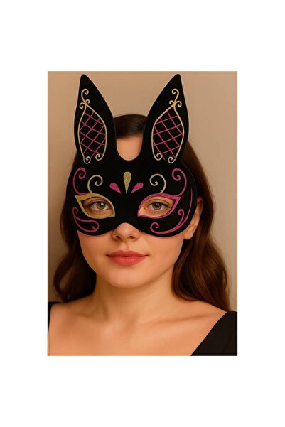pınaxar Black Color Red Gold Glittery Black Suede Coated Rabbit Mask 18X16 cm