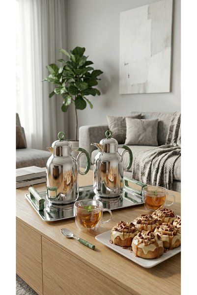 Generic Luxury 1+1L Plastic Tea and Coffee Set with Stainless Steel Serving Tray Elegant and Modern Design Silver/Green