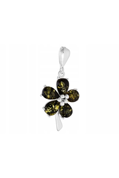 NO BRAND Pandantiv de argint floare cu chihlimbar verde, pandantiv floare pen...