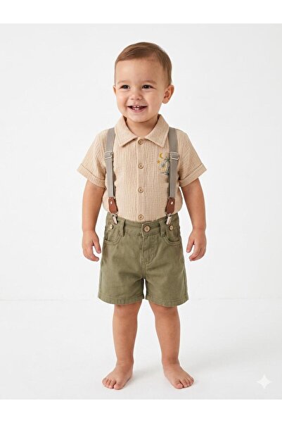 Maison Bebe Cocosiss Baby Boy Embroidered Muslin Shirt and Suspender Shorts S...