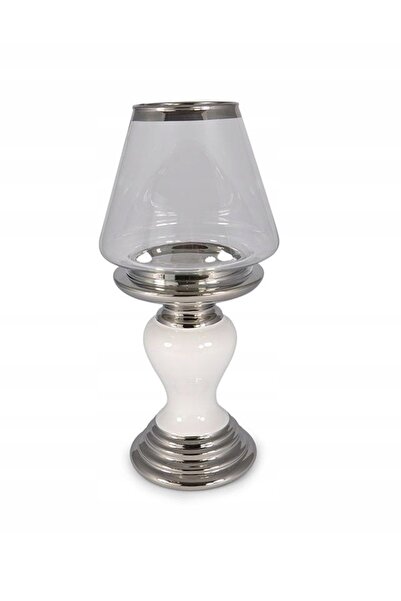 NO BRAND Suport ceramic pentru lumânări cu cupă de sticlă, alb, 28 cm