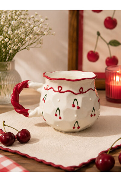 HİS Studio Cherry Patterned Handmade Ceramic Mug |   Decorative Gift Mug