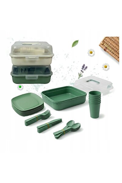 NO BRAND Set de picnic 32el, Farfurii, Pahare, Tacâmuri, Recipient turistic p...