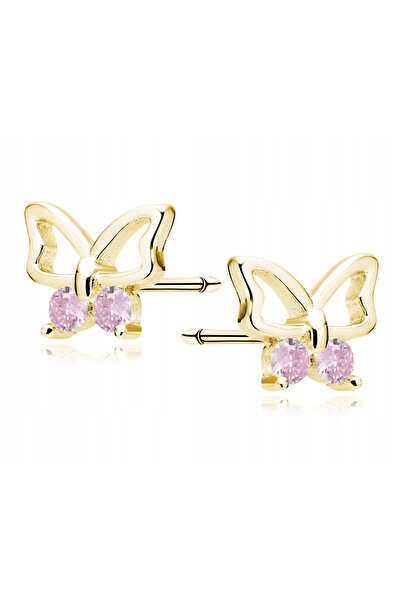 NO BRAND Cercei fluture din aur, cu zirconiu roz, din argint 925 placat cu aur